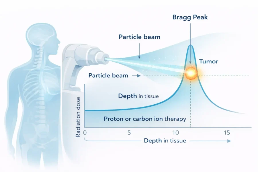 Bragg Peak diagram showing proton and carbon ion therapy precision for cancer treatment - APIS Korea